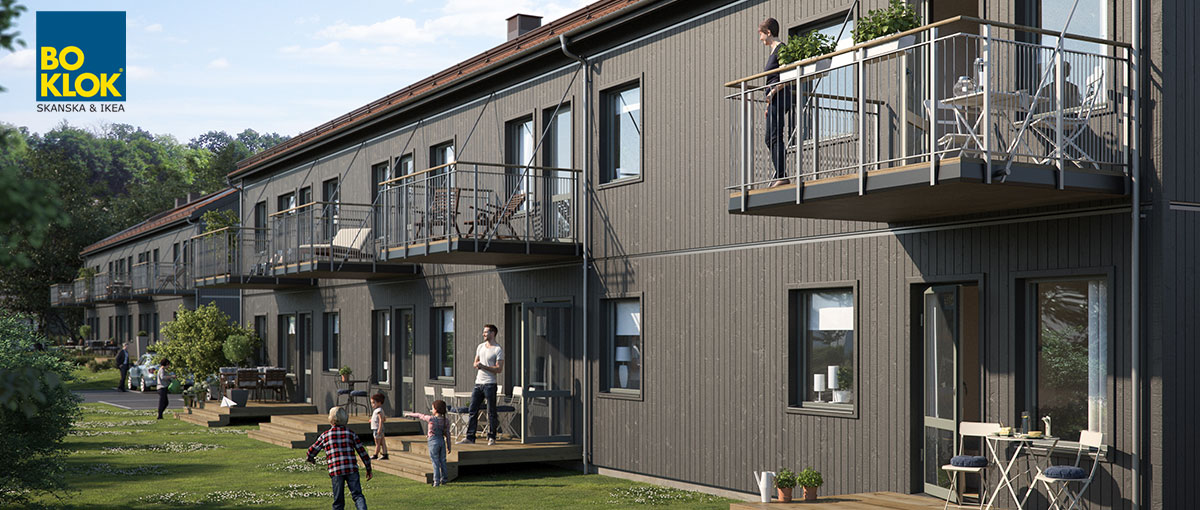 Foto på bostadshus och utemiljö byggda av BoKlok