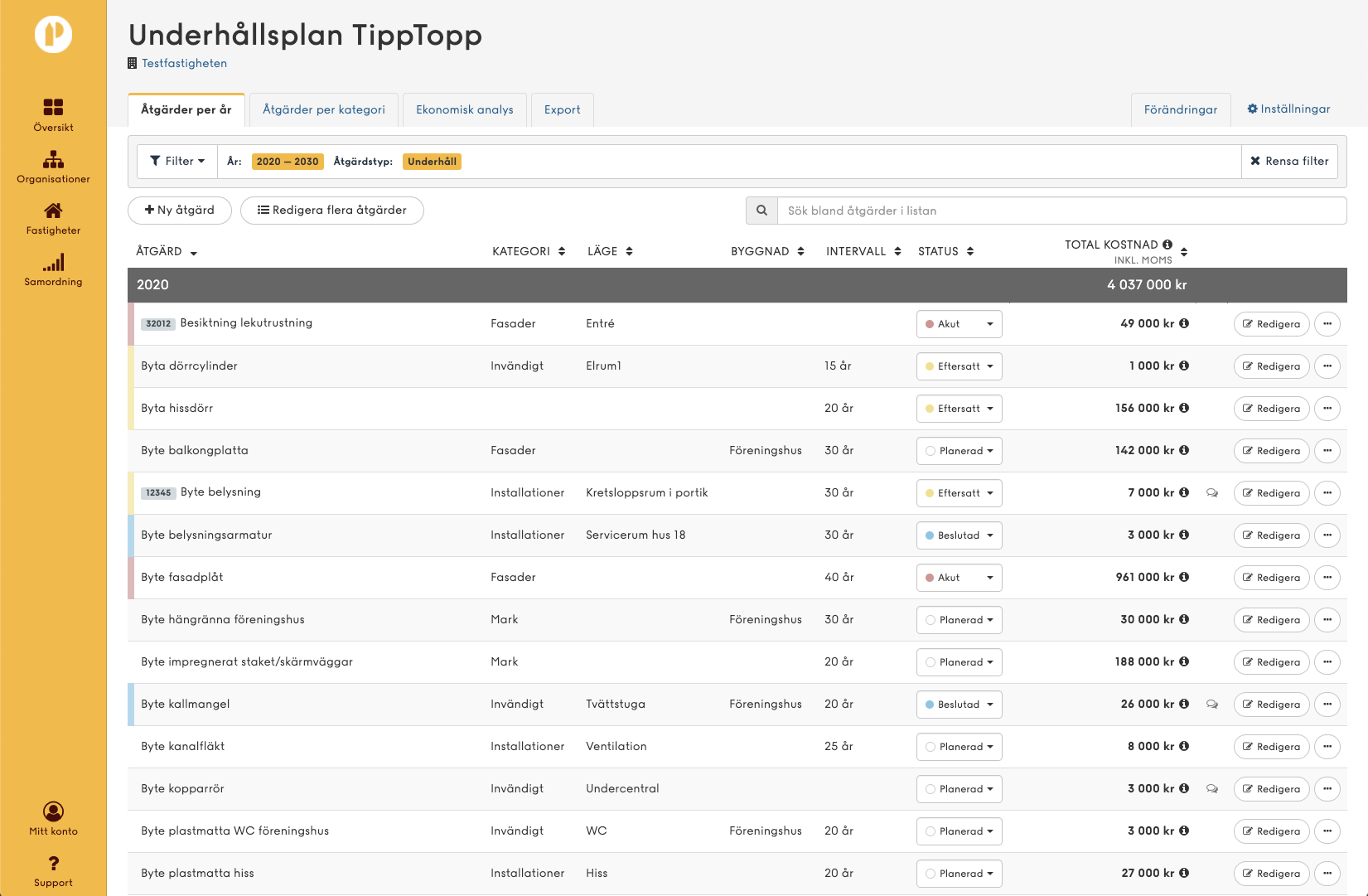 Skärmbild på underhållsplan i Planima