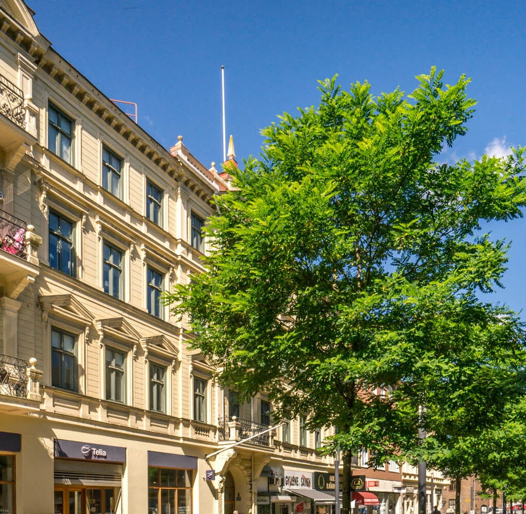 Fasad på sekelskifteshus i ljusgul puts, träd i förgrunden
